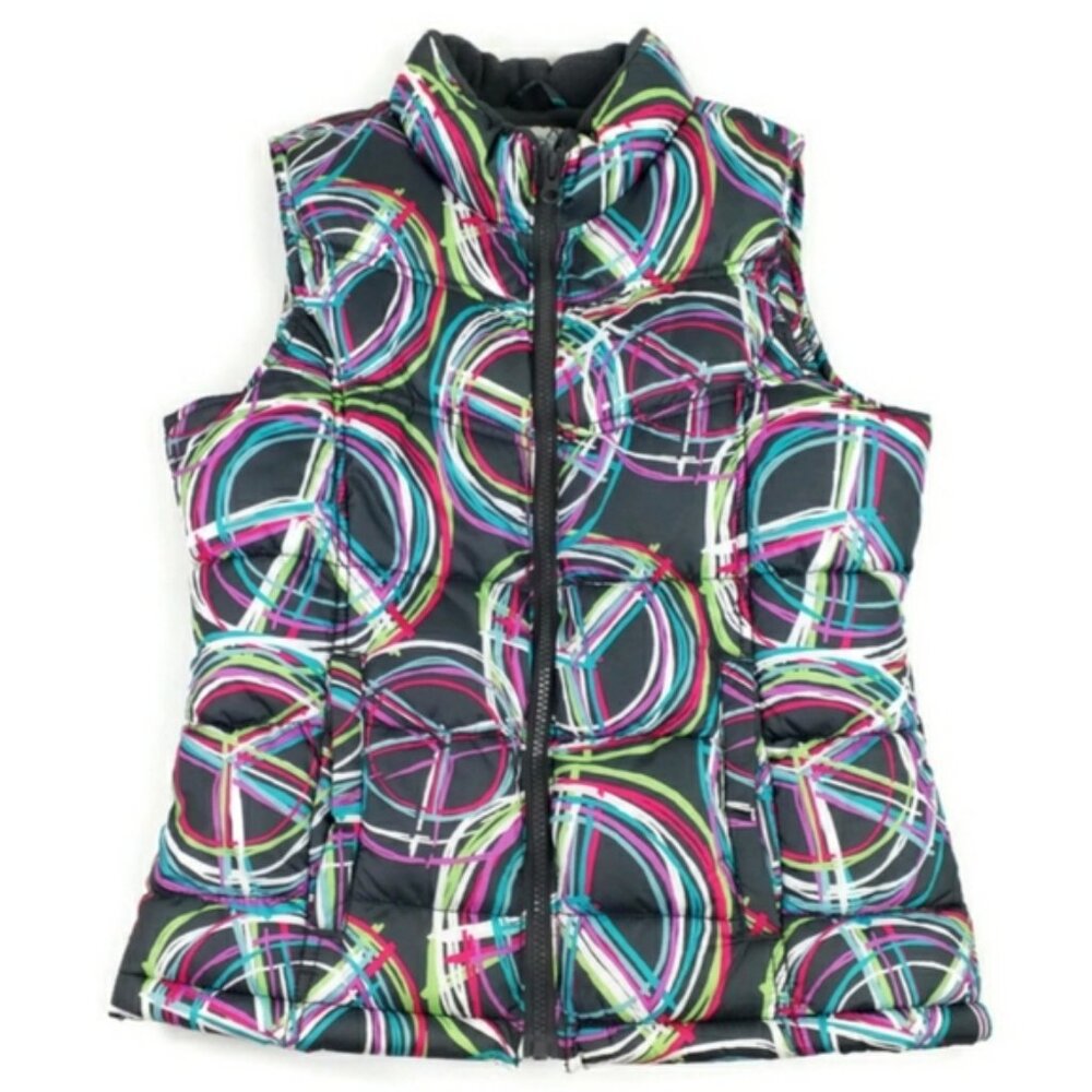 Old Navy Gray Multicolor Peace Sign Zip Up Fleece Lined Puffer Vest Girls XL/14 - Picture 6 of 10